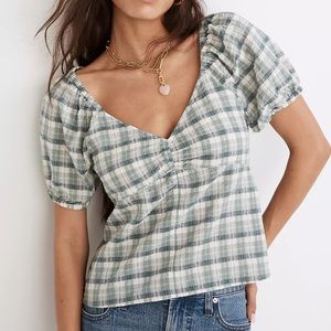 Madewell Plaid Puff-Sleeve Ruched Bodice Top